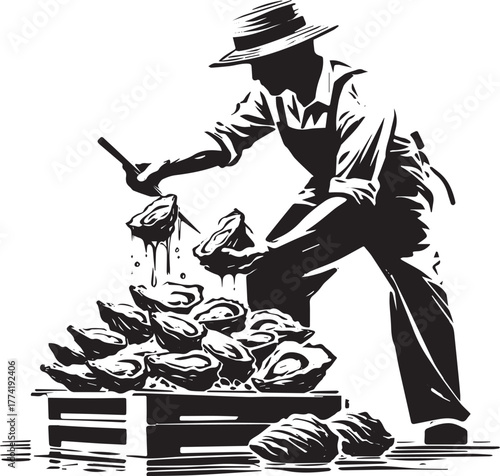 Monochrome Sumi-e Illustration of a Man Preparing Oysters on Ice