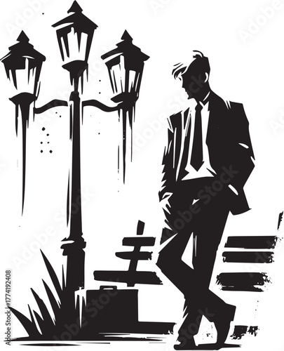 Monochrome contemplation businessman leaning on lamp post at twi
