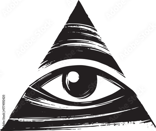 Monochromatic pyramid eye icon in minimalist style, mystical sym