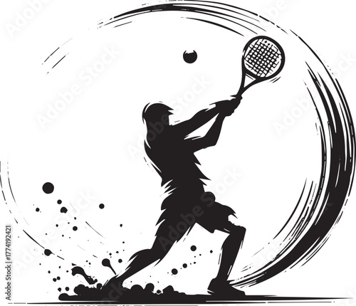Dynamic tennis player silhouette in action with stylized brushst