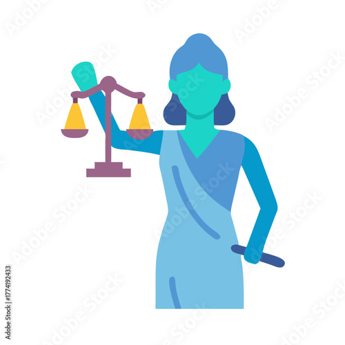 Illustration of Lady Justice holding scales on black backdrop