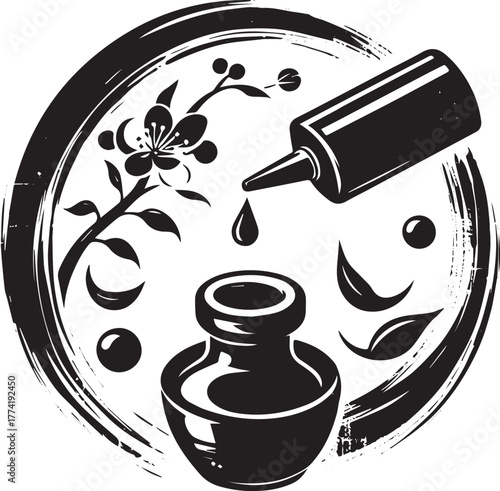 Minimalist Sumi-e Illustration of Massage Oil for Wellness and S