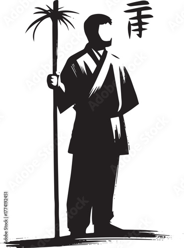 Minimalistic Sumi-e Illustration of a Wandering Man with Staff i