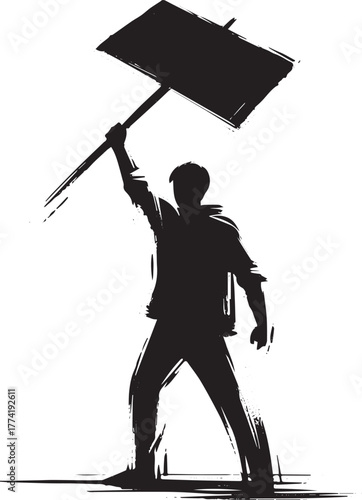 Expressive sumi-e illustration of a demonstrator holding a prote