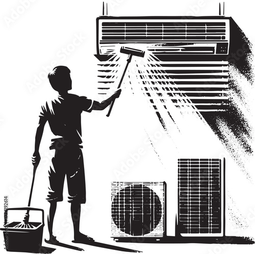 Monochrome Sumi-e Illustration: Pre-Summer Air Conditioner Maint