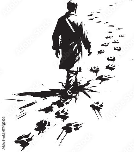 Monochrome pursuit: Person trails animal footprints in minimalis