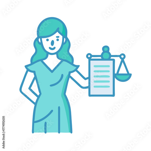 Lady Justice Cartoon Advocate Presenting Scales Flat Style Illustration