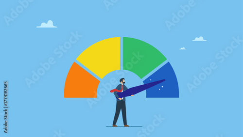 Businessman holding performance improvement or risk gauge indicator. Risk control or employee performance measurement, rating evaluation level or efficiency score, quality analysis scale.
