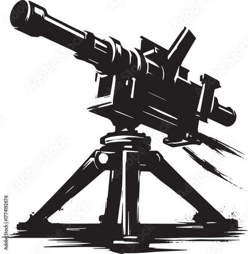 Stylized anti-aircraft artillery icon in sumi-e style perfect fo