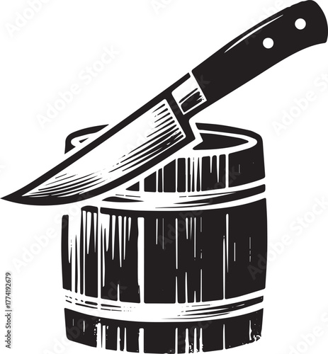 Monochrome barrel and knife illustration in abstract woodcut sty