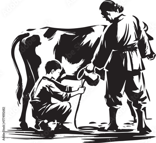 Sumi-e illustration of a man teaching a boy how to milk a cow in