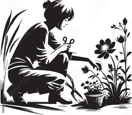 Ink Illustration: Woman Gardening in a Flowerbed with Pruning Sh
