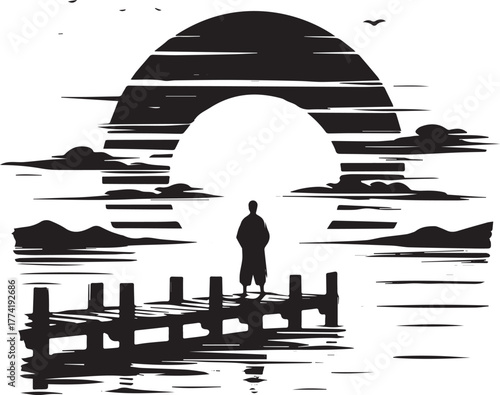 Serene contemplation: Minimalist black and white man on pier at
