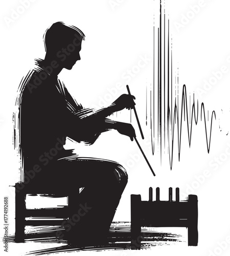 Sumi-e style illustration of a man demonstrating sound waves wit