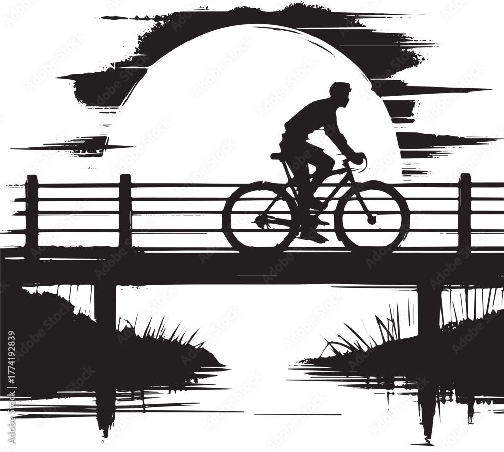 Naklejka premium Serene sunrise cycle: Minimalist bridge crossing in black and wh