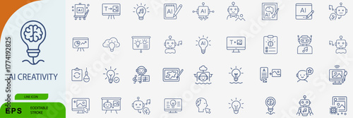 AI creativity icon set. Editable vector illustration of artificial intelligence, innovation, and brain-powered technology symbols. EPS concept pack