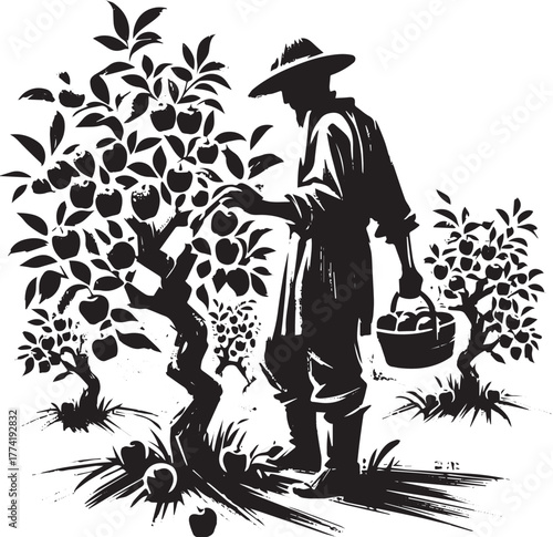Monochrome illustration depicting an apple harvest in sumi-e ins