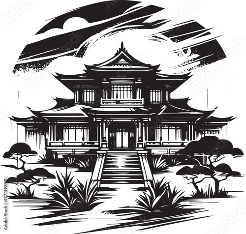 Elegant Asian architectural silhouette in brush stroke style ill