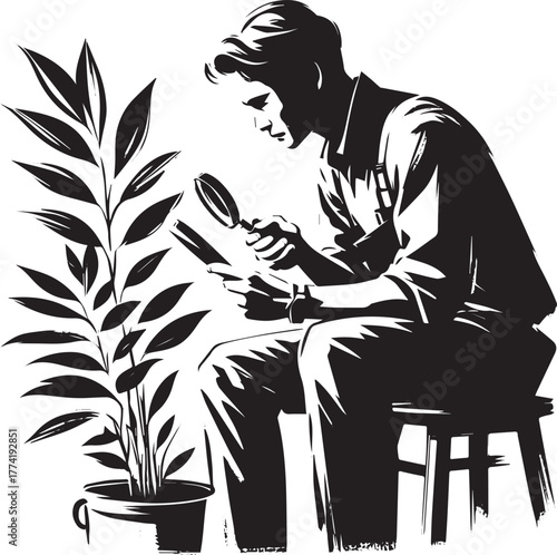 Monochrome illustration of a man examining a plant with a magnif
