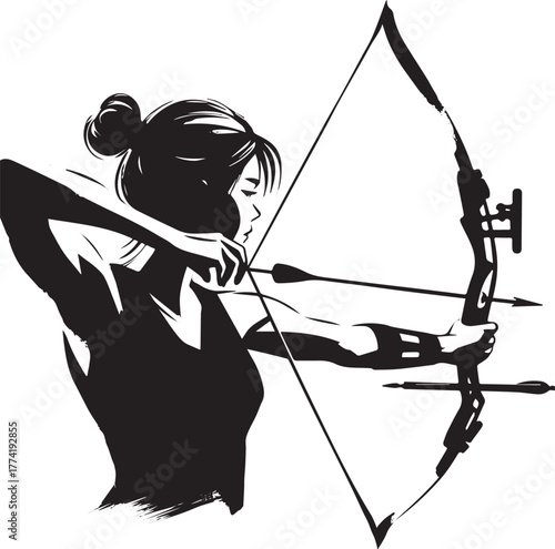 Focused female archer aiming with bow in minimalist sumi-e style