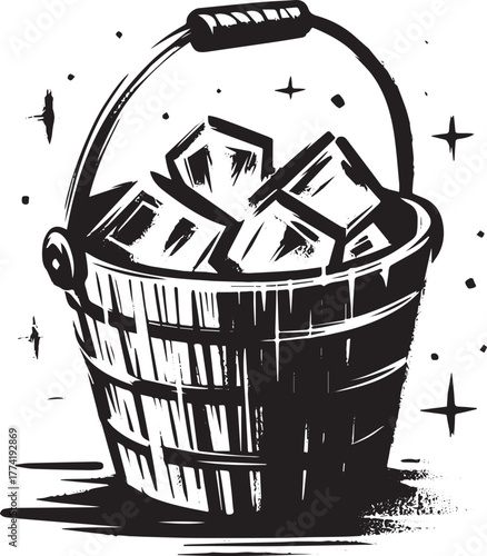 Stylized Ice Bucket Illustration in Sumi-e Style with Ice Cubes