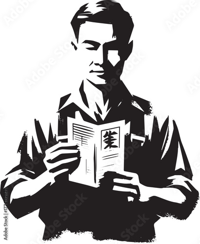 Monochrome illustration of a man reading a book in a traditional