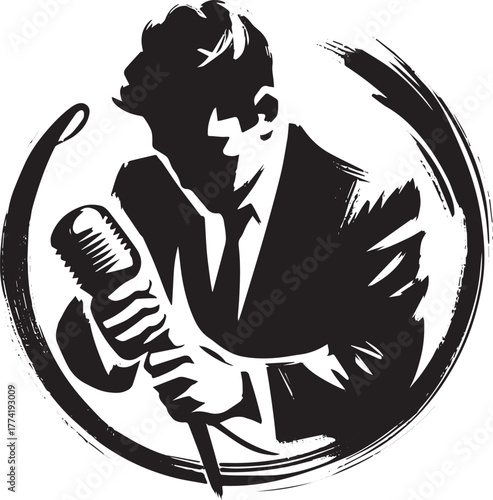 Monochrome illustration of a vocalist holding a microphone in pe