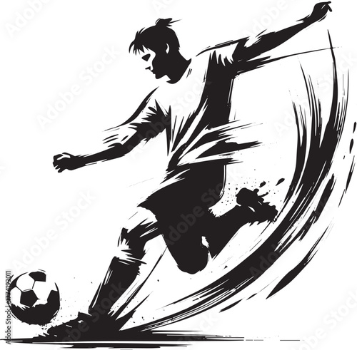 Dynamic monochrome illustration of a soccer player executing a p