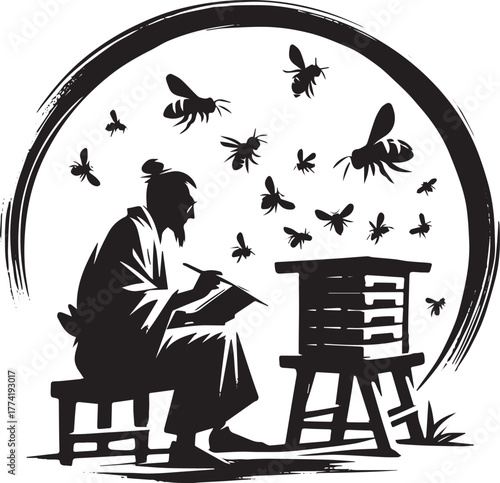 Japanese Sumi-e Illustration of Beekeeper Observing Bees Around