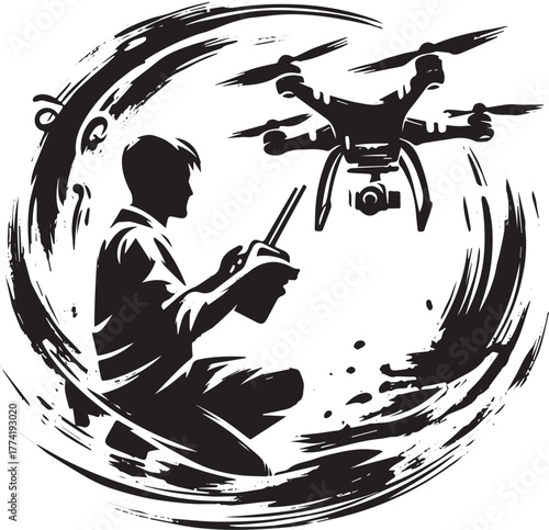 Sumi-e illustration depicting a man operating a drone with a con