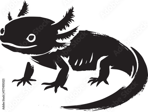 Stylized Axolotl Illustration in Sumi-e Style, Monochrome Amphib