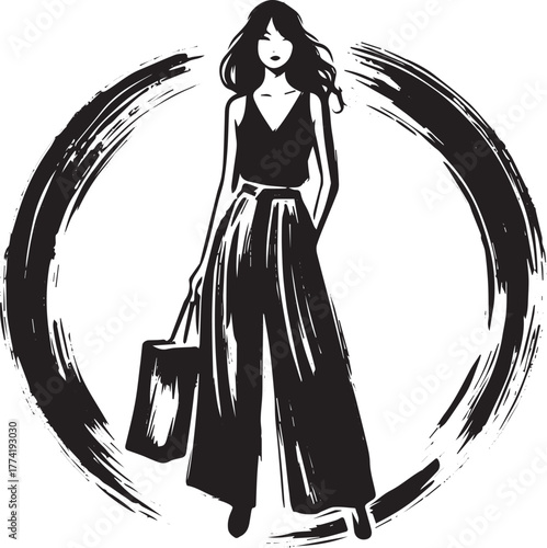 Elegant woman in wide-legged trousers with tote, in brushstroke