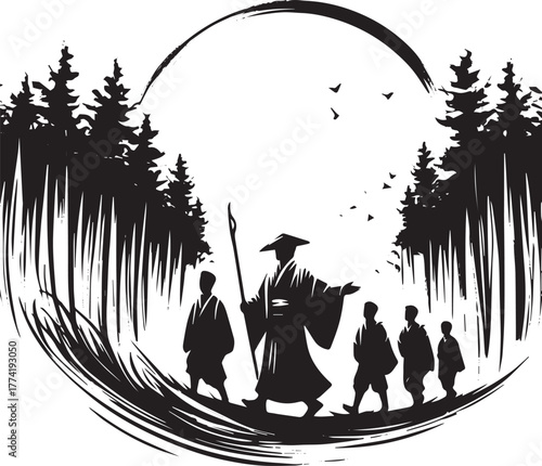 A contemplative journey: Sumi-e illustration of a leader guiding