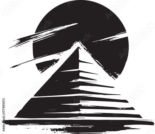 Minimalist Sumi-e Pyramid Silhouette Against Eclipsed Sun Icon S