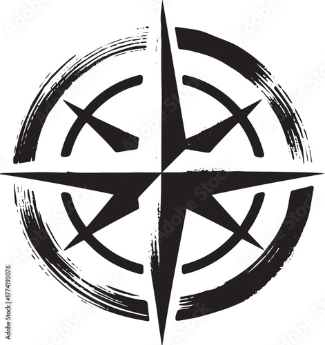 Simple compass icon illustration with distressed ink texture and
