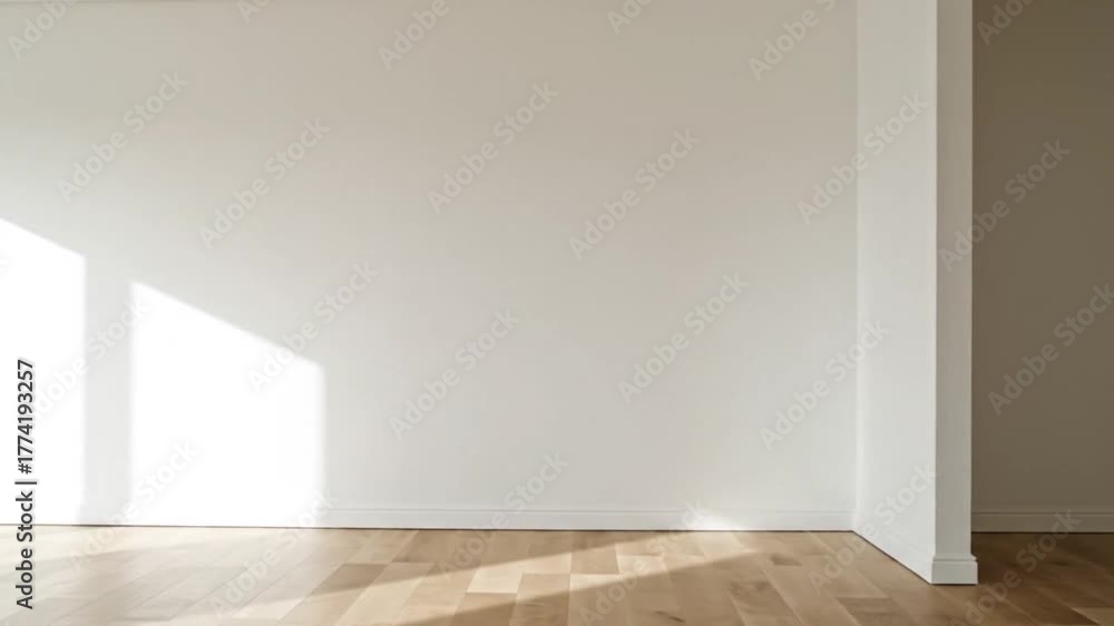 Empty room with white walls and wooden floor, bathed in natural ...