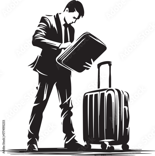Stylized vector artwork of a traveler inspecting luggage in blac