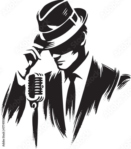 Monochrome illustration of a vintage singer tipping fedora with