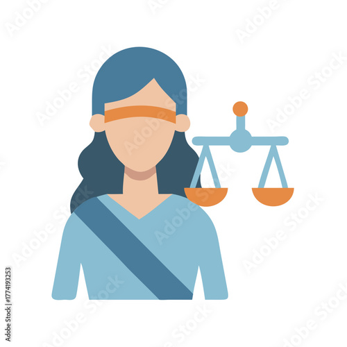 Flat design illustration depicting justice with scales and blindfold