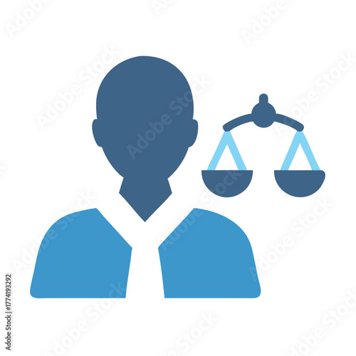 Stylized blue legal professional icon with scales of justice