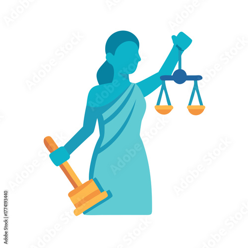 Lady Justice flat illustration wielding scales and gavel