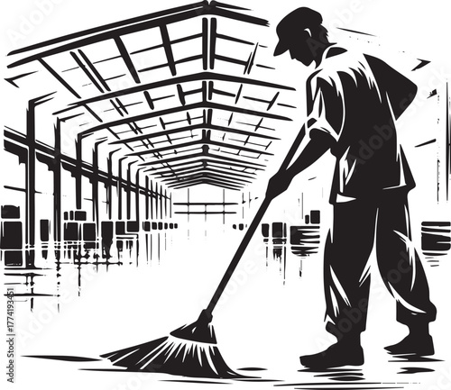Minimalist sumi-e illustration of a man sweeping a spacious ware