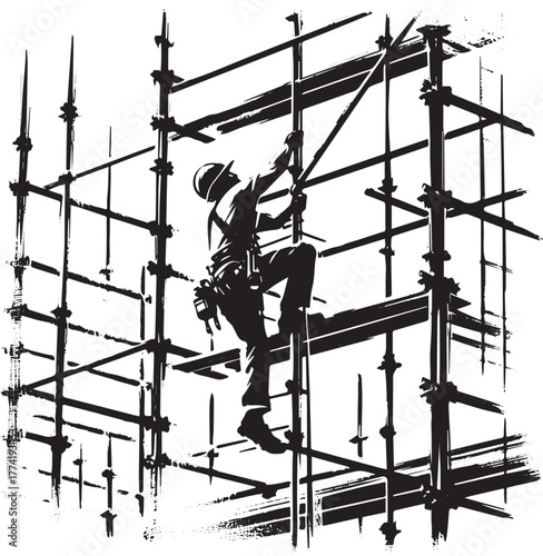Monochrome construction worker silhouette ascending scaffolding