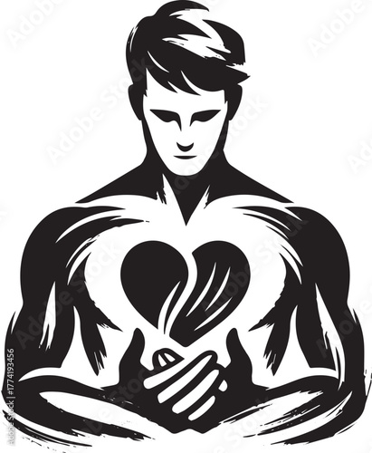 Sumi-e illustration of a man tenderly cradling his fractured hea