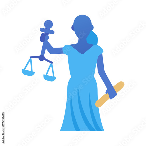 Abstract lady justice illustration with scales and golden hammer