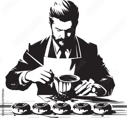 Artistic donut glazing illustration with a minimalist, monochrom