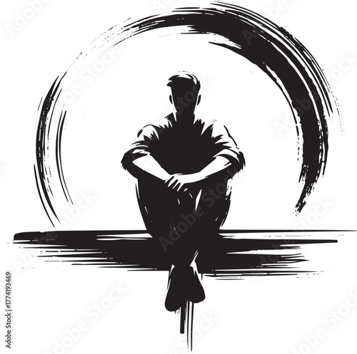 A lone figure contemplating in monochrome sumi-e artwork, contem