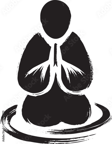 Monochromatic illustration portraying person in meditative praye