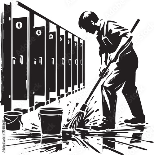 Monochrome illustration depicting a man cleaning a public restro