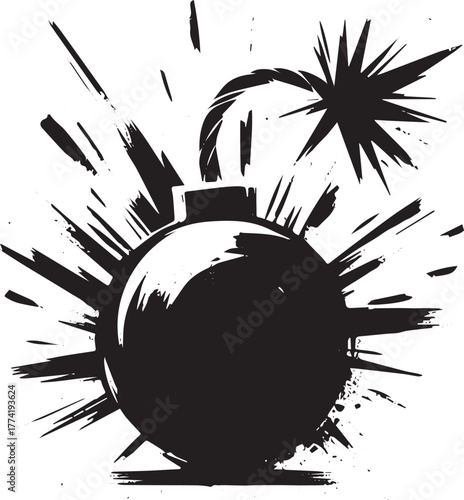 Minimalist icon of vintage explosive device, sumi-e art with bur